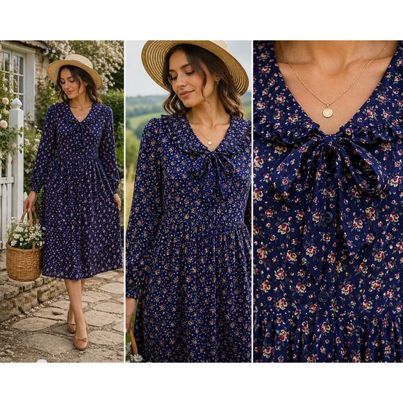 Laura Ashley Dresses & Skirts - Laura Ashley Vintage bow ruffle collar prairie dress Cottage core Britain Sz-8
